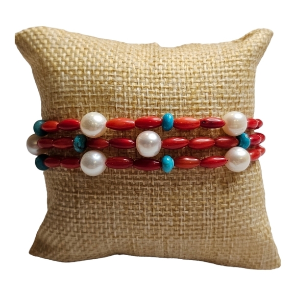 American West Red Coral Bead, Turquoise, and Pearl 3 Strand Bracelet - Picture 1 of 7